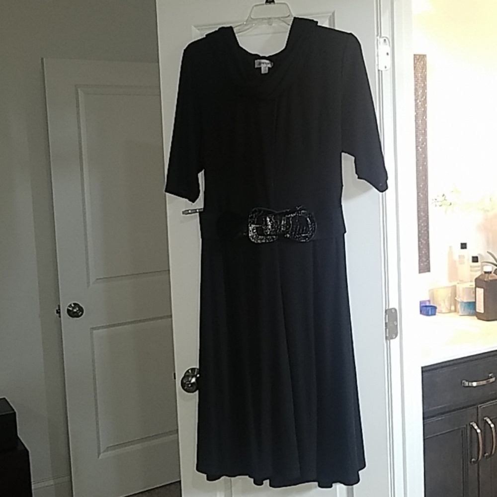 Black dress with attached scarf and belt